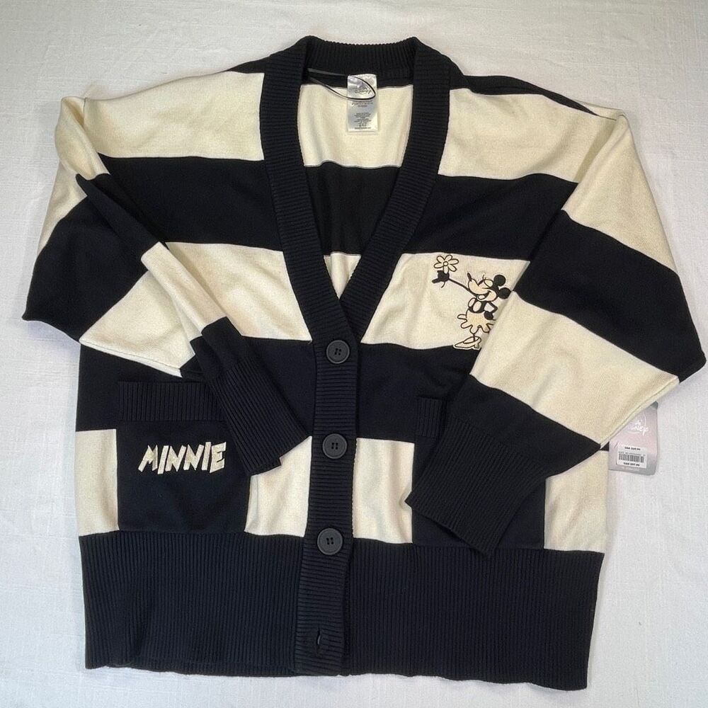 Disney Black Cream Striped Knit Retro Minnie Mouse Cardigan Size Medium NWT